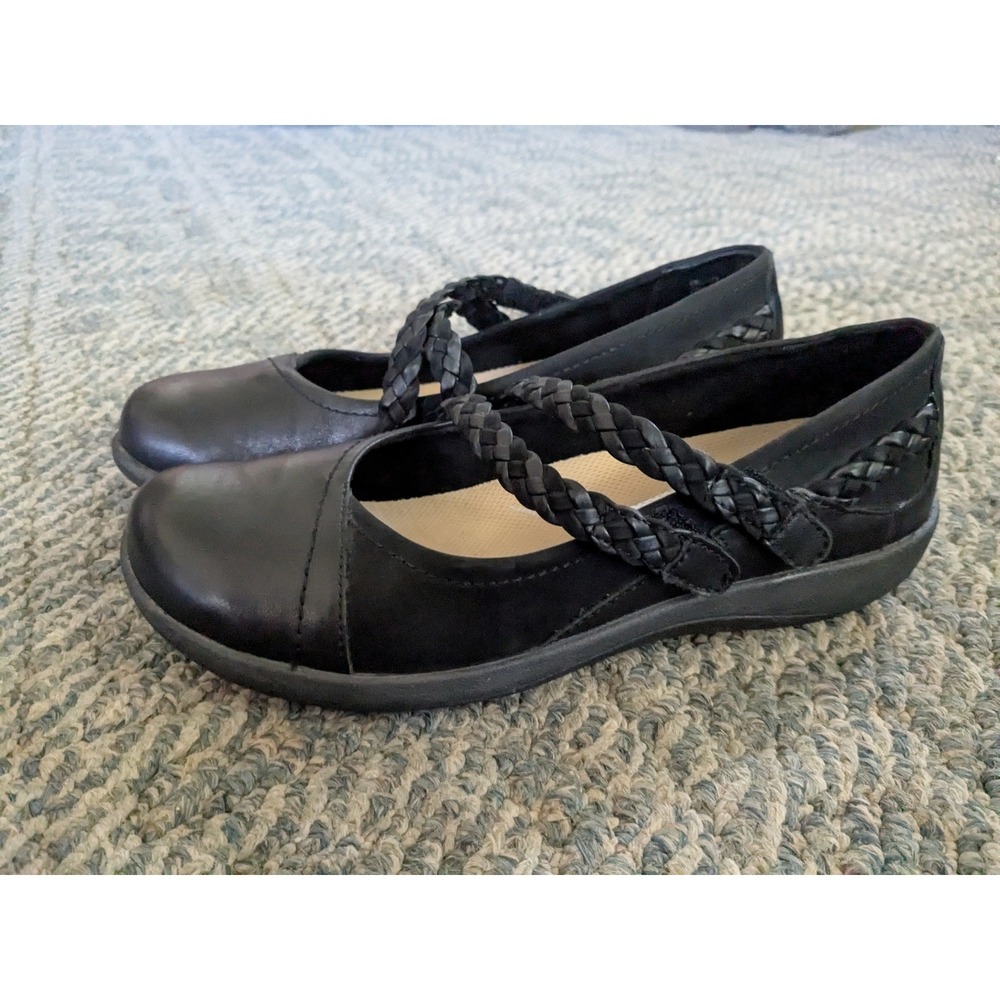 Dansko Black Leather Braided Strap Mary Jane Flats Aetrex Insoles Womens 7.5